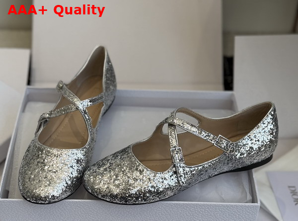 Dior Very Dior Ballet Flat in Silver Tone Laminated Lambskin and Glitter Replica
