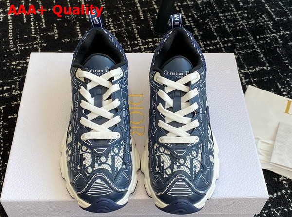 Dior Vibe Sneaker White Mesh Printed with Dior Oblique Motif and Deep Blue Leather Effect Panels Replica
