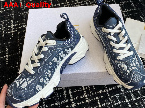 Dior Vibe Sneaker White Mesh Printed with Dior Oblique Motif and Deep Blue Leather Effect Panels Replica