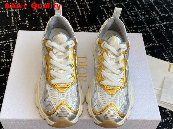 Dior Vibe Sneaker White Mesh Printed with Dior Oblique Motif and Gold and Silver Tone Laminated Leather Effect Panels Replica