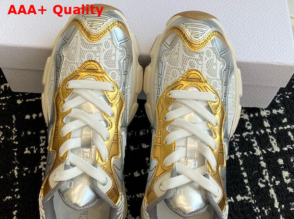 Dior Vibe Sneaker White Mesh Printed with Dior Oblique Motif and Gold and Silver Tone Laminated Leather Effect Panels Replica