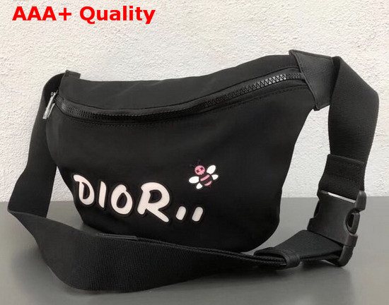 Dior X Kaws Black Nylon Belt Bag with White Dior Logo Replica