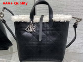 DiorAlps Medium Dior Toujours Vertical Tote Bag in Black Macrocannage Lambskin with Aged Effect and Ecru Merino Wool Replica