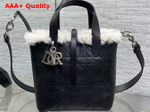 DiorAlps Small Dior Toujours Vertical Tote Bag in Black Macrocannage Lambskin with Aged Effect and Ecru Merino Wool Replica