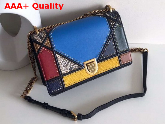 Diorama Bag in Multi Coloured Patchwork Leather with Studded Large Cannage Motif Replica