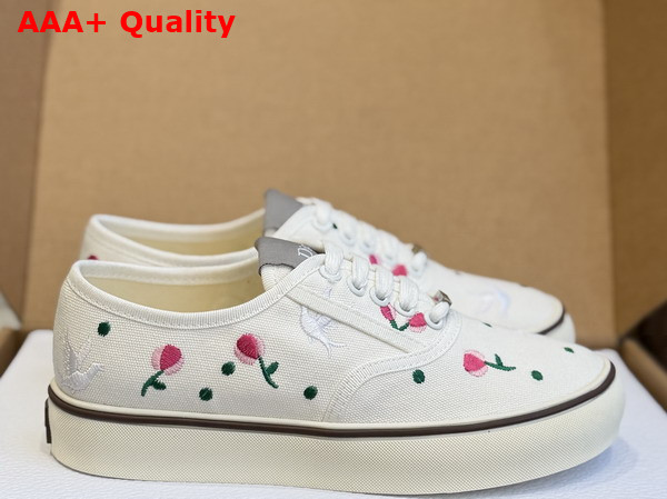 Dioramour Dior Saltwind Sneaker in White Cotton Embroidered with Multicolor Doves and Roses Motif Replica
