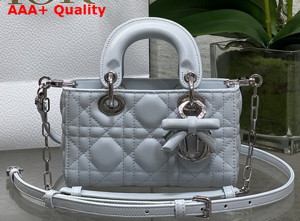 Dioramour Lady D Joy Micro Bag in Ice Blue Cannage Lambskin with Leather Bow Replica