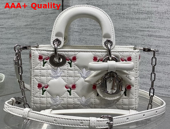 Dioramour Lady D Joy Micro Bag in White Cannage Lambskin Embroidered with Multicolor Doves and Roses Motif Replica
