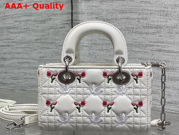Dioramour Lady D Joy Micro Bag in White Cannage Lambskin Embroidered with Multicolor Doves and Roses Motif Replica