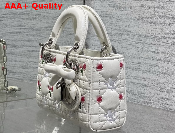 Dioramour Lady D Joy Micro Bag in White Cannage Lambskin Embroidered with Multicolor Doves and Roses Motif Replica