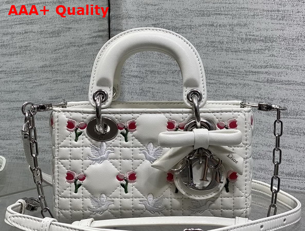 Dioramour Lady D Joy Micro Bag in White Cannage Lambskin Embroidered with Multicolor Doves and Roses Motif Replica