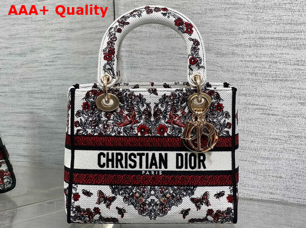 Dioramour Medium Lady D Lite Bag White Embroidery with Multicolor Coeur des Curiosites Motif Replica