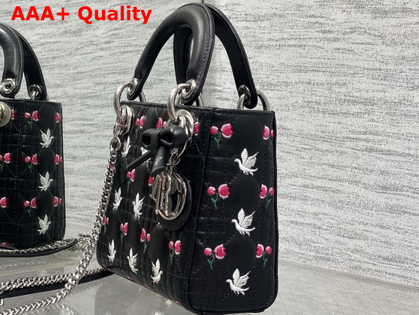 Dioramour Mini Lady Dior Bag with Chain Black Cannage Lambskin Embroidered with Multicolor Doves and Roses Motif Replica