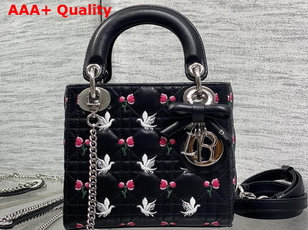 Dioramour Mini Lady Dior Bag with Chain Black Cannage Lambskin Embroidered with Multicolor Doves and Roses Motif Replica