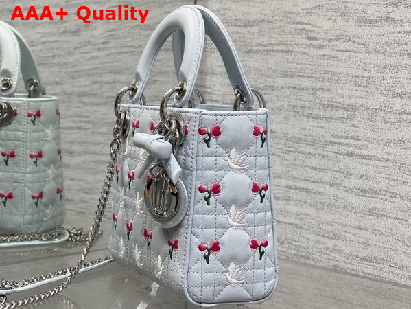 Dioramour Mini Lady Dior Bag with Chain Ice Blue Cannage Lambskin Embroidered with Multicolor Doves and Roses Motif Replica
