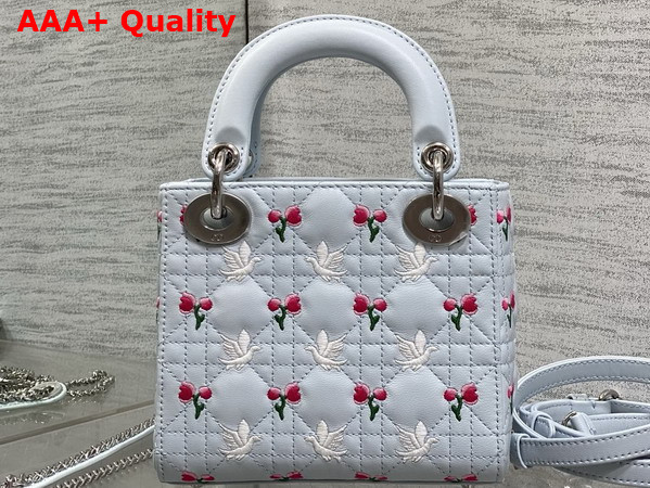Dioramour Mini Lady Dior Bag with Chain Ice Blue Cannage Lambskin Embroidered with Multicolor Doves and Roses Motif Replica