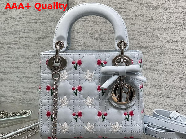 Dioramour Mini Lady Dior Bag with Chain Ice Blue Cannage Lambskin Embroidered with Multicolor Doves and Roses Motif Replica