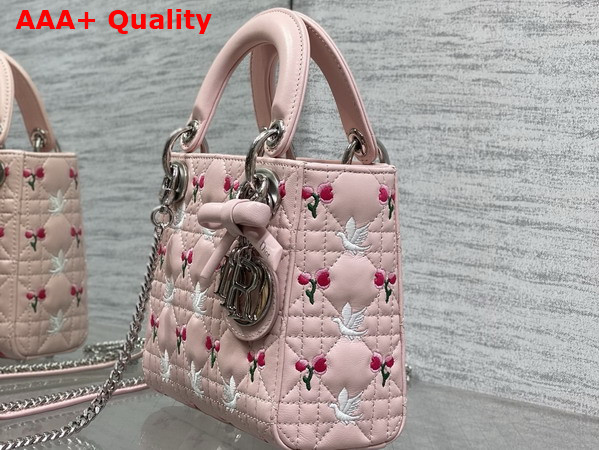 Dioramour Mini Lady Dior Bag with Chain Soupir Pink Cannage Lambskin Embroidered with Multicolor Doves and Roses Motif Replica