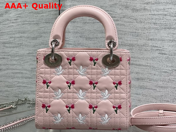 Dioramour Mini Lady Dior Bag with Chain Soupir Pink Cannage Lambskin Embroidered with Multicolor Doves and Roses Motif Replica