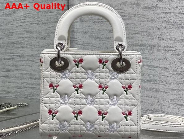 Dioramour Mini Lady Dior Bag with Chain White Cannage Lambskin Embroidered with Multicolor Doves and Roses Motif Replica