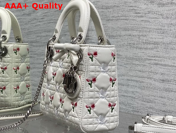 Dioramour Mini Lady Dior Bag with Chain White Cannage Lambskin Embroidered with Multicolor Doves and Roses Motif Replica