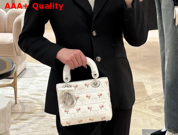 Dioramour Mini Lady Dior Bag with Chain White Cannage Lambskin Embroidered with Multicolor Doves and Roses Motif Replica