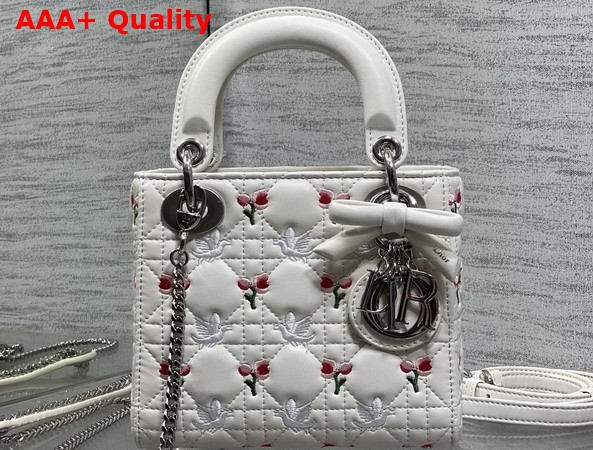 Dioramour Mini Lady Dior Bag with Chain White Cannage Lambskin Embroidered with Multicolor Doves and Roses Motif Replica
