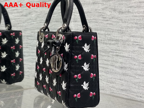 Dioramour Small Lady Dior My ABCDior Bag in Black Cannage Lambskin Embroidered with Multicolor Doves and Roses Motif Replica