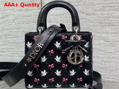Dioramour Small Lady Dior My ABCDior Bag in Black Cannage Lambskin Embroidered with Multicolor Doves and Roses Motif Replica