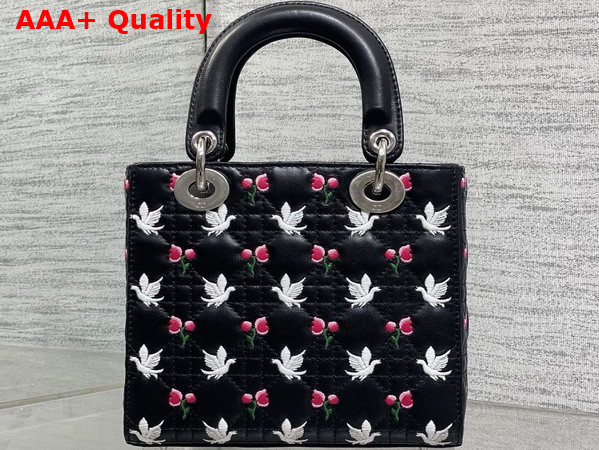 Dioramour Small Lady Dior My ABCDior Bag in Black Cannage Lambskin Embroidered with Multicolor Doves and Roses Motif Replica