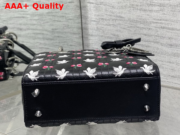 Dioramour Small Lady Dior My ABCDior Bag in Black Cannage Lambskin Embroidered with Multicolor Doves and Roses Motif Replica