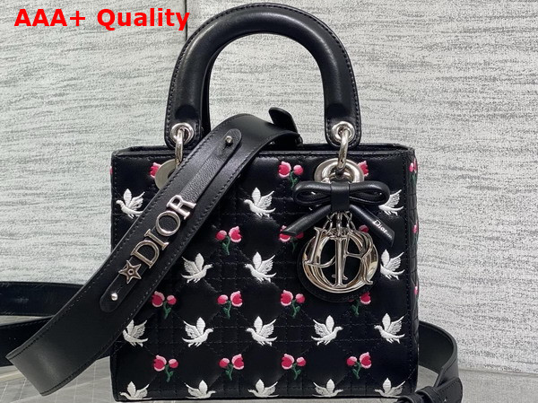 Dioramour Small Lady Dior My ABCDior Bag in Black Cannage Lambskin Embroidered with Multicolor Doves and Roses Motif Replica