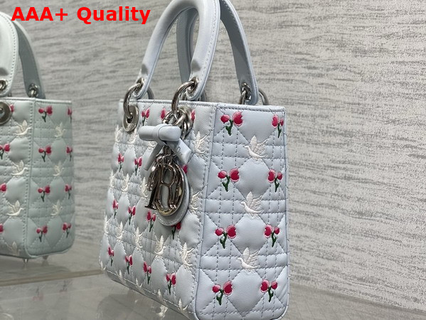 Dioramour Small Lady Dior My ABCDior Bag in Ice Blue Cannage Lambskin Embroidered with Multicolor Doves and Roses Motif Replica