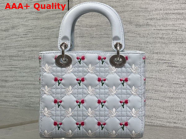 Dioramour Small Lady Dior My ABCDior Bag in Ice Blue Cannage Lambskin Embroidered with Multicolor Doves and Roses Motif Replica