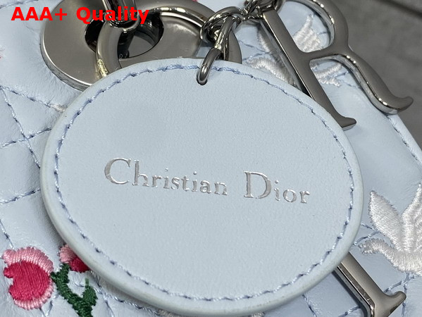 Dioramour Small Lady Dior My ABCDior Bag in Ice Blue Cannage Lambskin Embroidered with Multicolor Doves and Roses Motif Replica