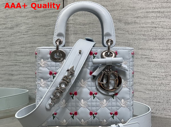 Dioramour Small Lady Dior My ABCDior Bag in Ice Blue Cannage Lambskin Embroidered with Multicolor Doves and Roses Motif Replica