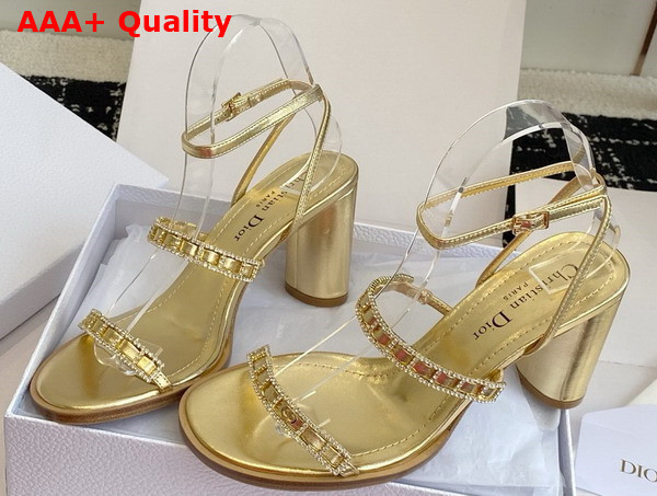 Diorissime Heeled Sandal in Gold Tone Laminated Lambskin and Silver Tone Strass Replica
