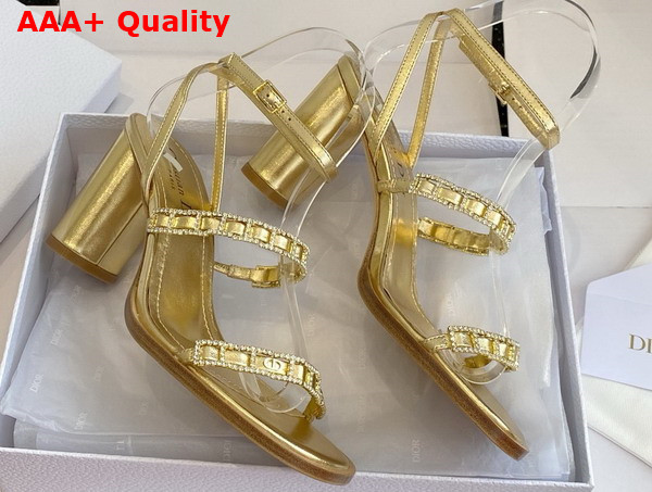 Diorissime Heeled Sandal in Gold Tone Laminated Lambskin and Silver Tone Strass Replica