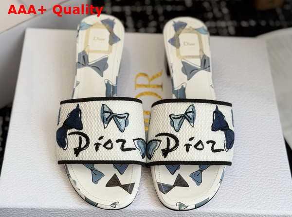 Dioriviera Dway Heeled Slide in Blue and White Dior Bows Embroidered Cotton Replica