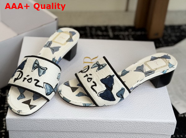 Dioriviera Dway Heeled Slide in Blue and White Dior Bows Embroidered Cotton Replica