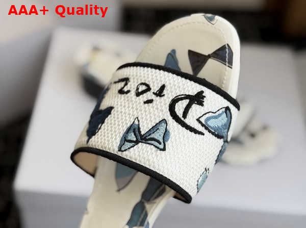 Dioriviera Dway Heeled Slide in Blue and White Dior Bows Embroidered Cotton Replica