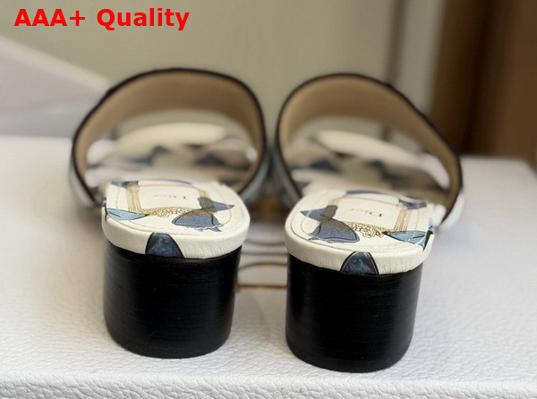 Dioriviera Dway Heeled Slide in Blue and White Dior Bows Embroidered Cotton Replica