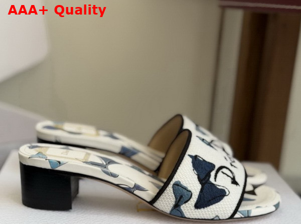 Dioriviera Dway Heeled Slide in Blue and White Dior Bows Embroidered Cotton Replica