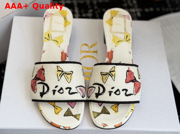 Dioriviera Dway Heeled Slide in White Cotton Embroidered with Multicolor Dior Bows Motif Replica