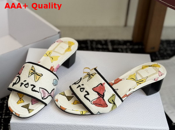 Dioriviera Dway Heeled Slide in White Cotton Embroidered with Multicolor Dior Bows Motif Replica