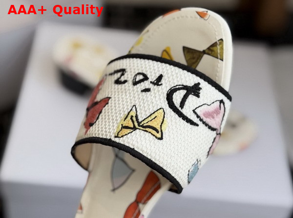 Dioriviera Dway Heeled Slide in White Cotton Embroidered with Multicolor Dior Bows Motif Replica