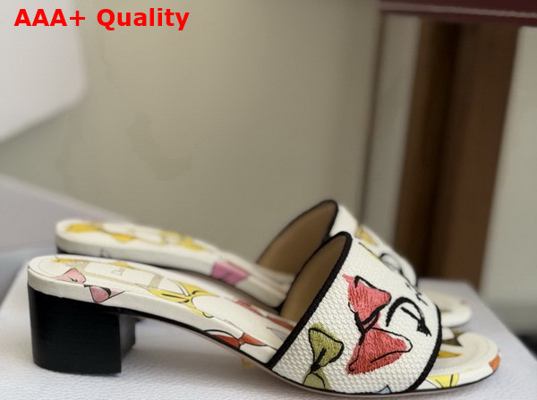 Dioriviera Dway Heeled Slide in White Cotton Embroidered with Multicolor Dior Bows Motif Replica