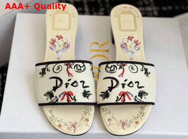 Dioriviera Dway Heeled Slide in White Embroidered Cotton and Multicolor Dior Arabesque Motif Replica