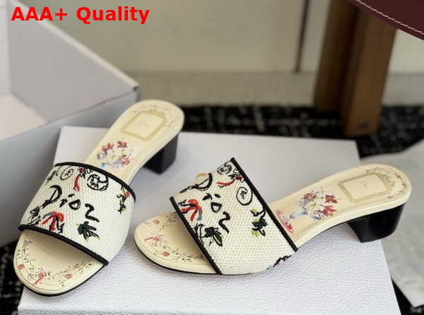 Dioriviera Dway Heeled Slide in White Embroidered Cotton and Multicolor Dior Arabesque Motif Replica