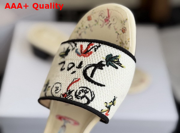 Dioriviera Dway Heeled Slide in White Embroidered Cotton and Multicolor Dior Arabesque Motif Replica